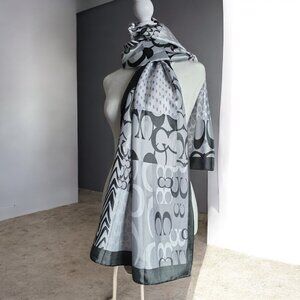 COACH Silk Scarf (65" x 20") Black/Gray/White/Animal Print and Monogram